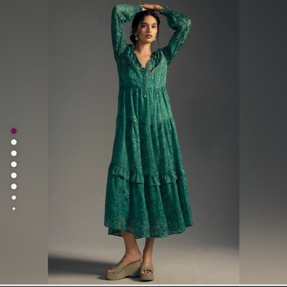 Anthropologie Emerald Green Long-Sleeve Tiered Lace Maxi Dress